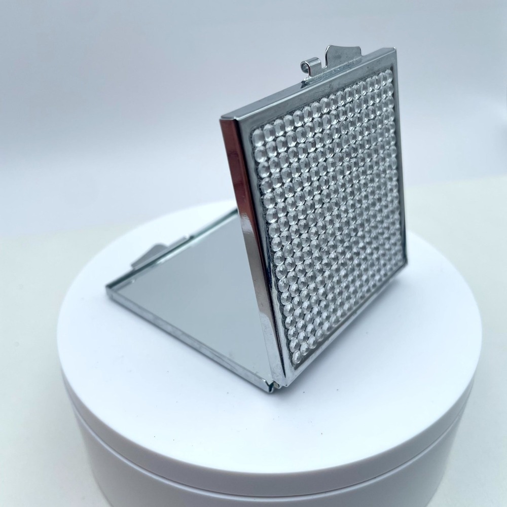 Classic Silver-Tone Rhinestones Embellished Square Compact Pocket Makeup Mirror